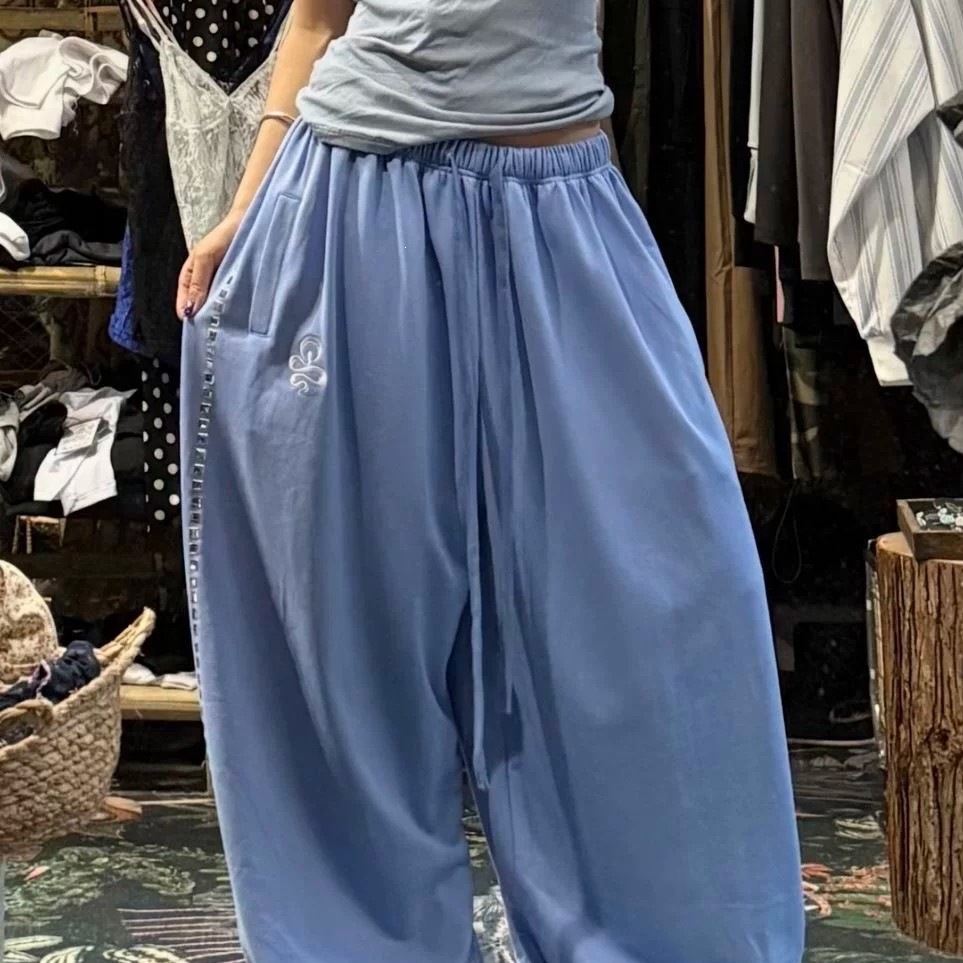 Mm529【Hotfix Rhinestones + Embroidery】Casual Pants for Women, Summer Thin Style, Rivet Embellishments, Loose Fit, Street Dance Wide-Leg Pants