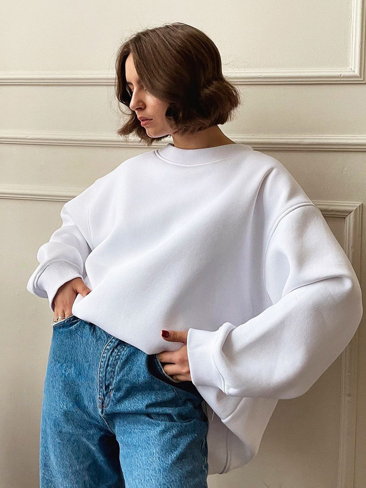 Áo sweatshirt nữ cổ tròn dáng rộng oversize tay dài chất liệu nỉ lông — Hoa màu xám, Màu cà phê, Màu trắng, Xanh navy