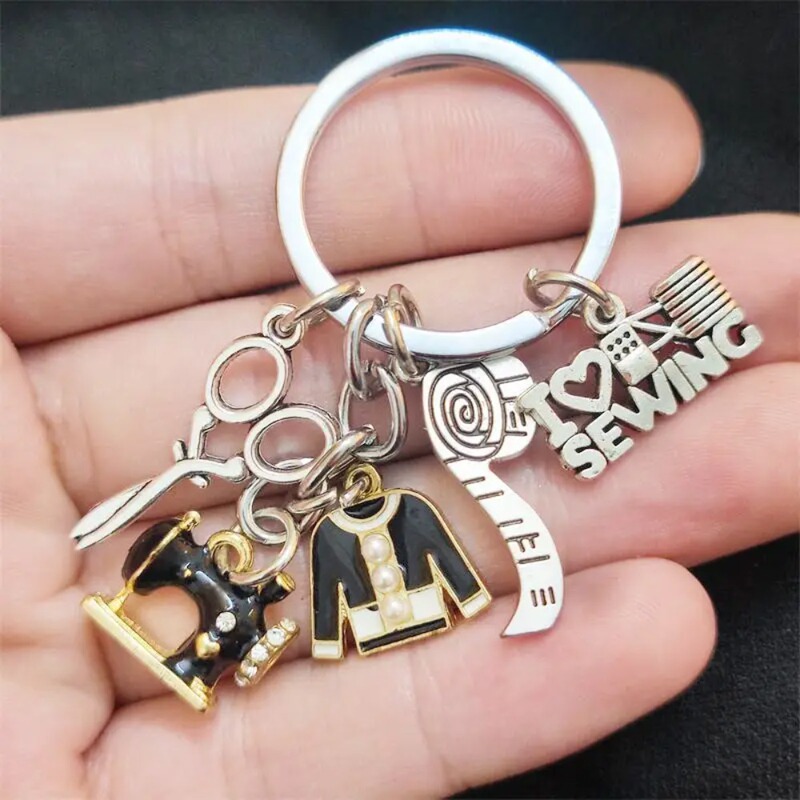 Sewing Machine Pendant Clothes Scissors Iron Heart Beads Clothing Designer Keychain Tailor Career Commemoration