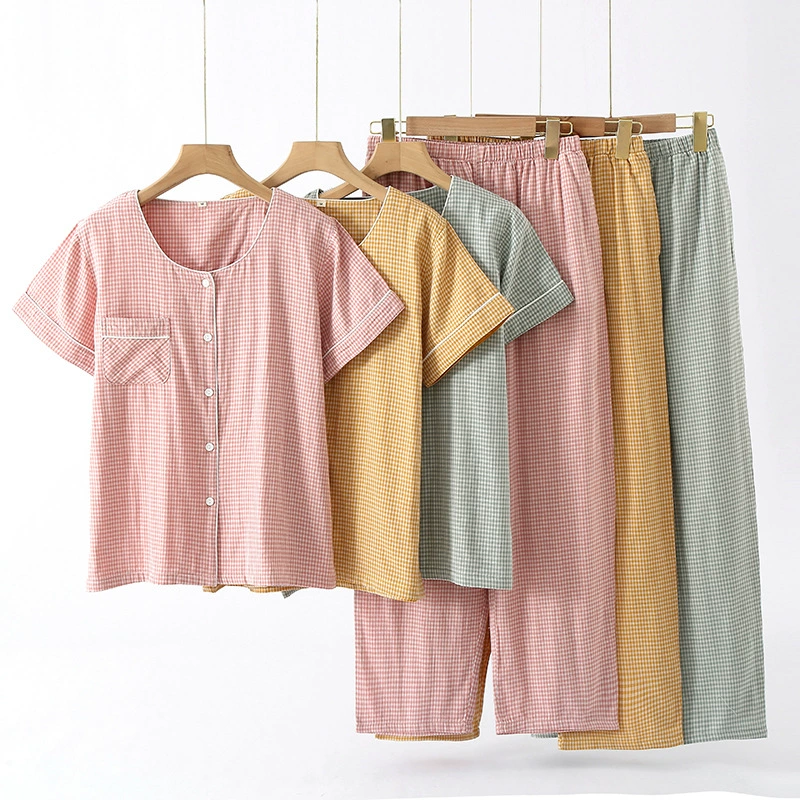 Летний тонкий женский домашний костюм из чистого хлопка, марлевый клетчатый кардиган в японском стиле с коротким рукавом, брюки, пижамы, свободные