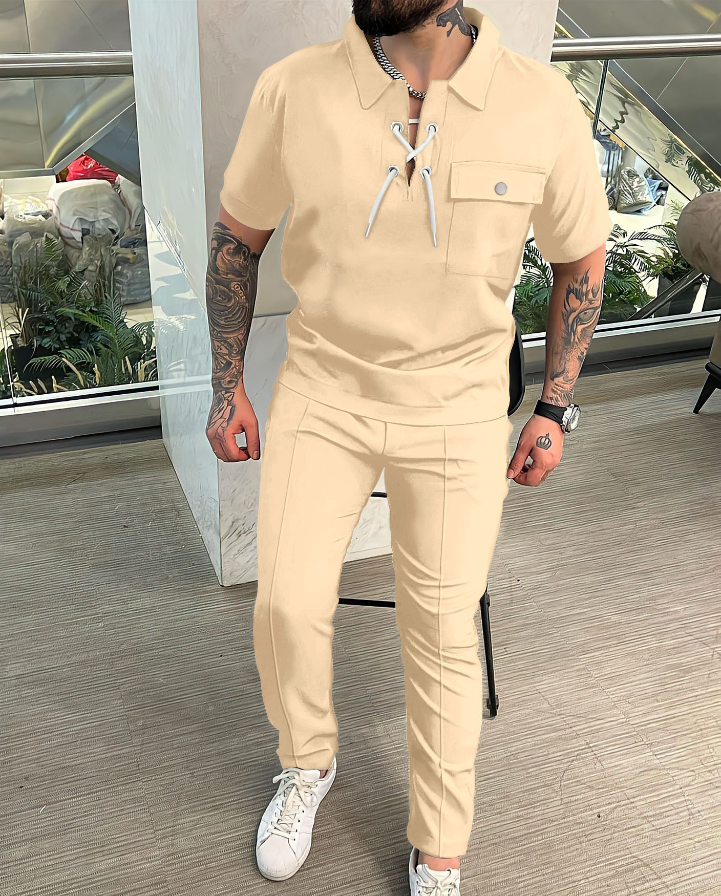 Otoño Amazon AliExpress europeo y americano transfronterizo hombres camisa casual manga corta Camiseta + Pantalones hip hop traje de personalidad