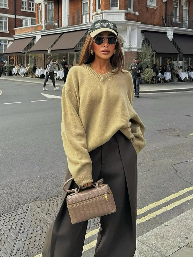 Nicho coreano estilo casual estilo sólido color V cuello roscado suéter 2025 otoño y invierno nuevo estilo transfronterizo europeo y americano