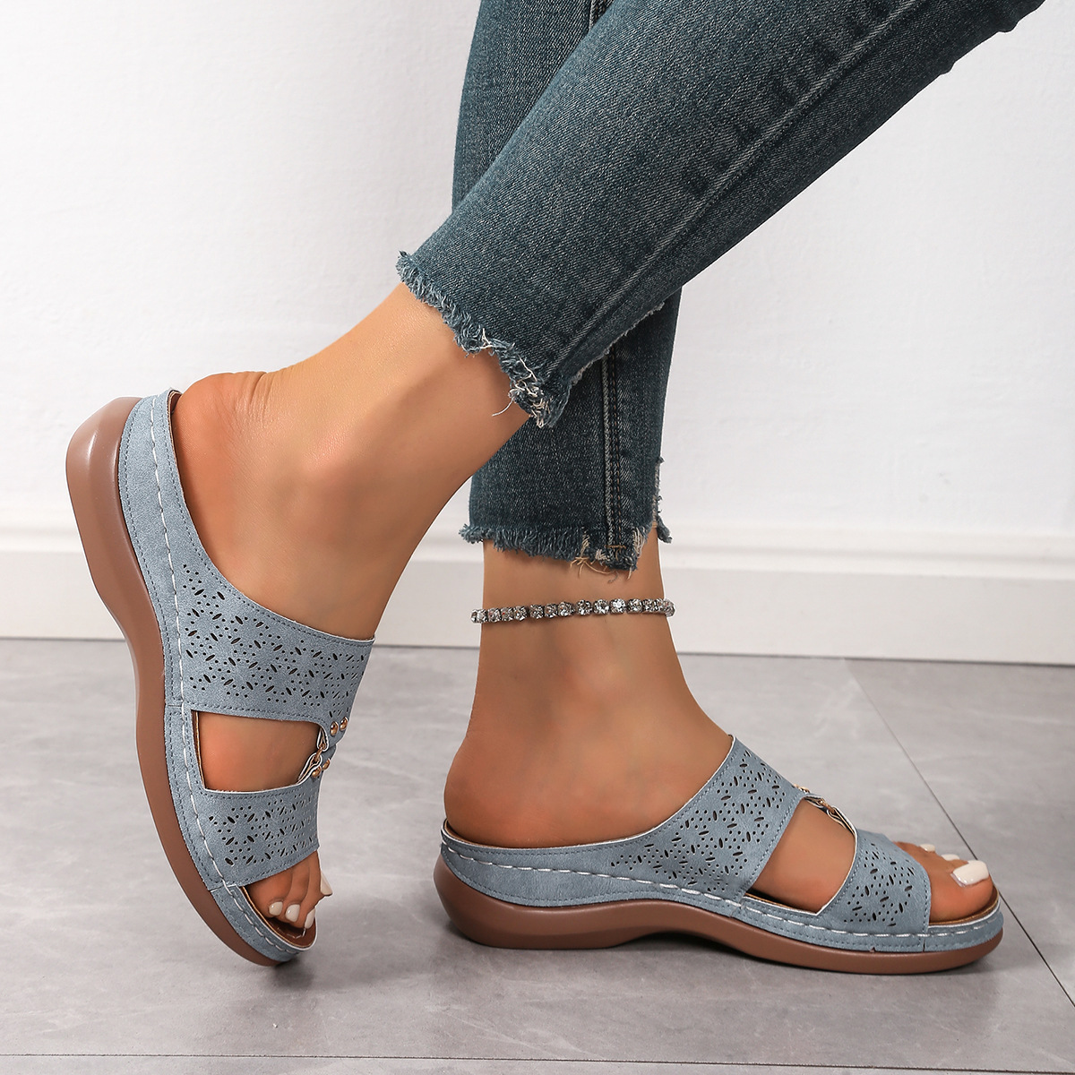 Sandalias de cuña wish amazon para mujer 2025 verano nuevo estilo comercio exterior gran tamaño casual una palabra sandalias romanas huecas
