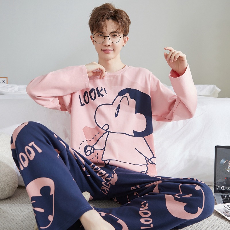 Men's Pajamas Spring and Autum Pure Cotton Long-Sleeved Cartoon Crayon Shin-Chan Large Size Loose Thin Home Clothes Student Suit