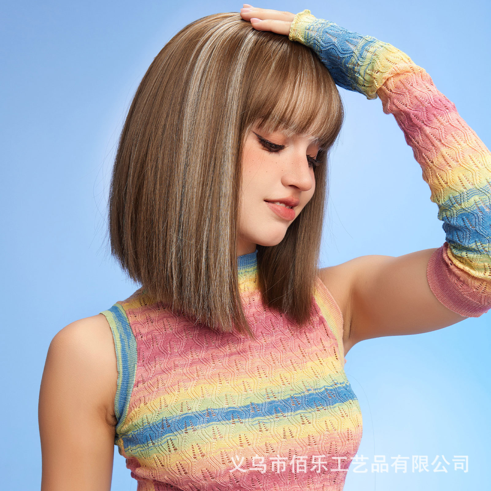 New wig with neat bangs, brown and golden interbody color, short straight wave head, bobo, natural daily high-temperature fiber wigs