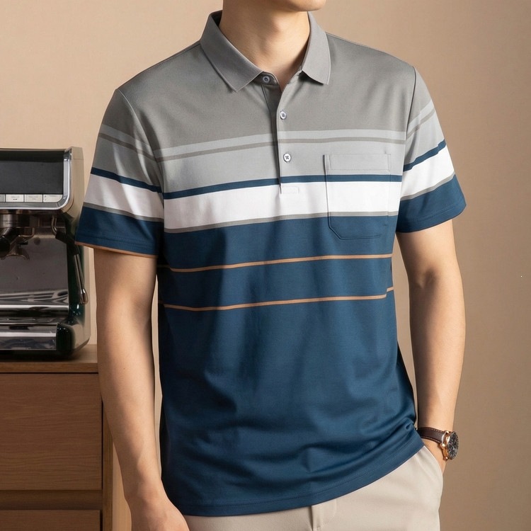 Men's T-Shirt, Loose Striped Trendy Thin Summer Men's Clothing T-Shirt, Summer Short-Sleeve Straight-Cut Casual Turn-Down Collar