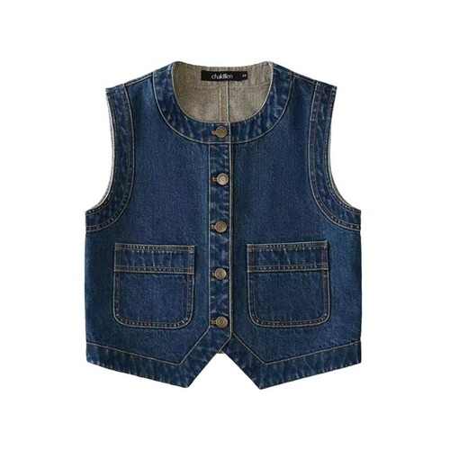 2025 Korean Summer Autumn Loose Retro Round Neck Denim Vest Backless Tank Top Outerwear Sleeveless Top Women Single Button Cross-border
