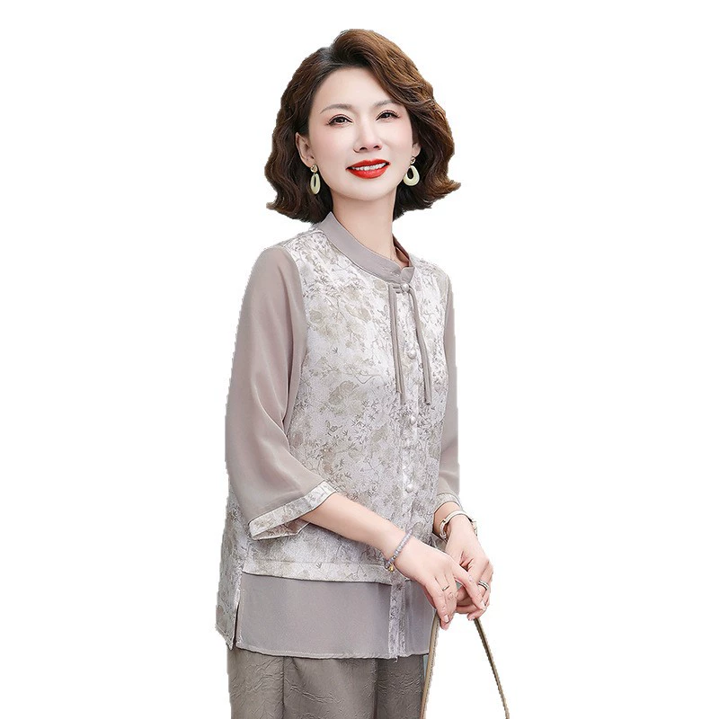 Новая футболка для мамы в китайском стиле, летняя шифоновая блузка, модный летний топ с рукавами три четверти для женщин среднего и пожилого возраста в китайском стиле