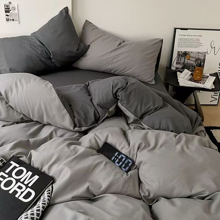 Minimalist Grey Solid Colour Cotton Bedding Set With Duvet Cover_voghion.com