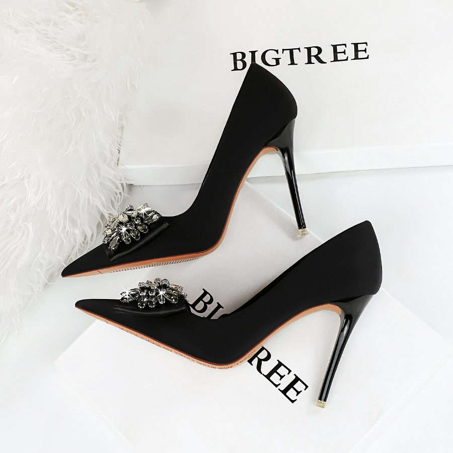 18249-H3 European And American Style Banquet Women's Ultra High Heels Shallow Mouth Pointed Toe Satin Rhinestone Bow_vogvips.com