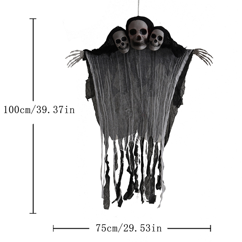 Decoración de Halloween, fantasma colgante de tres cabezas, gasa de calavera, habitación fantasma colgante, gran accesorio colgante en la puerta de la casa embrujada