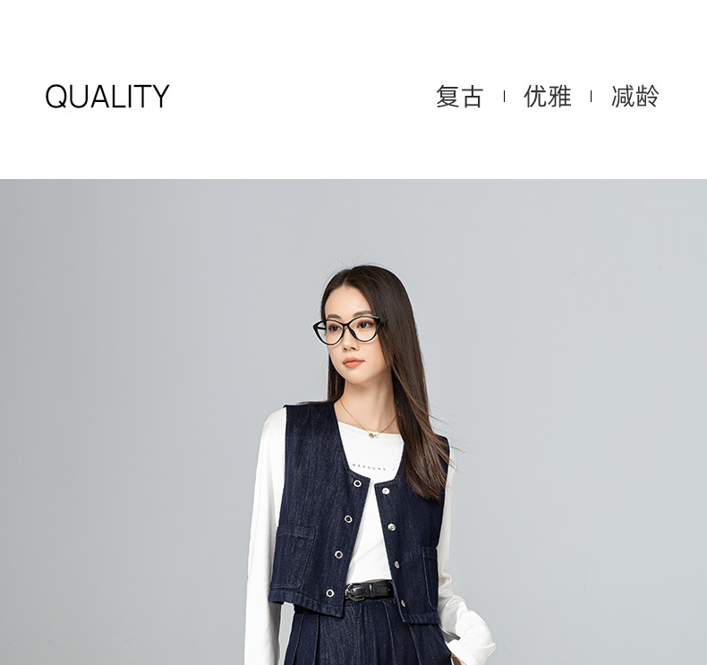 Bộ chân váy denim và áo gilê kiểu Pháp phong cách Hồng Kông, mặc nhiều lớp, thời trang dạo phố — Váy xanh 65338 chi tiết 3