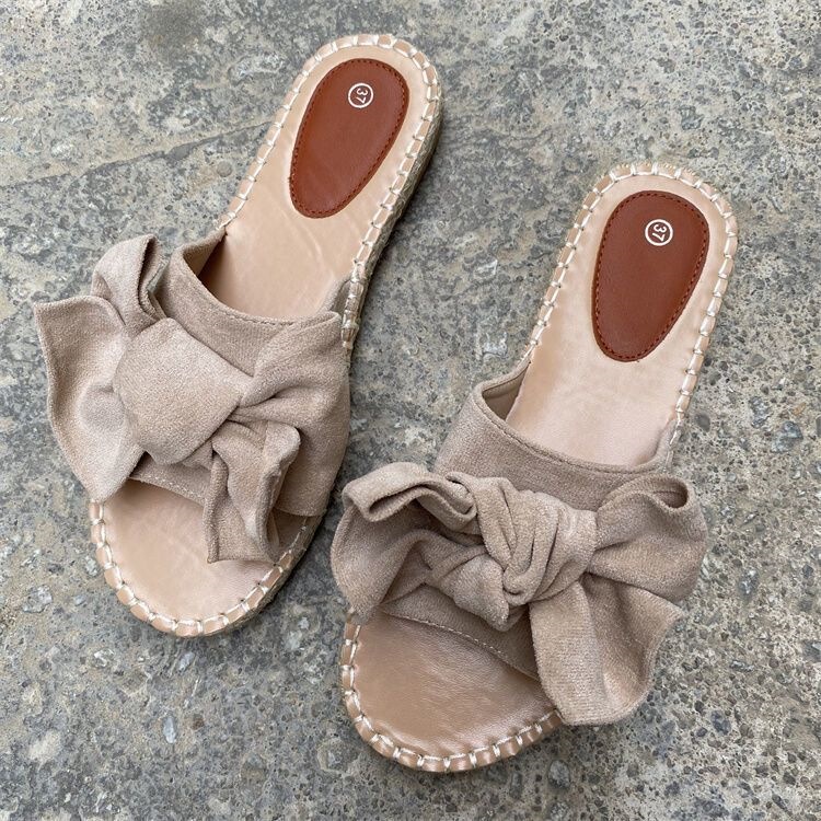 New Summer Women's Shoes for Export: Single-Strap Suede Flat Sandals with Oversized Bow and Jute Rope for Outdoor Wear New Summer Women's Shoes for Export: Single-Strap Suede Flat Sandals with Oversized Bow and Jute Rope for Outdoor Wear