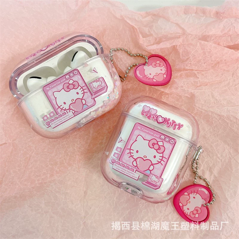 Защитный чехол (Apple) AirPods 1/2, 3, Pro/Pro2 — прозрачный с принтом hello kitty и брелоком