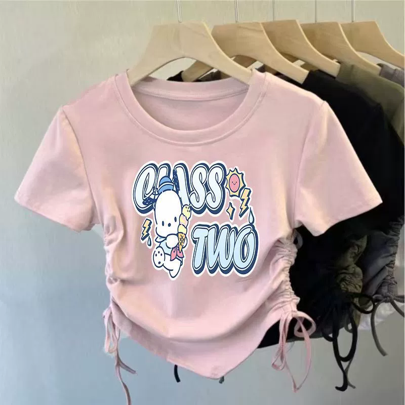 Hello kitty, шелковая летняя футболка, шнурок, с коротким рукавом, slim fit, западный стиль, для подростков