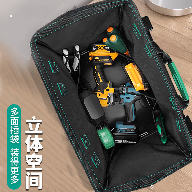 El kit de herramientas Green Forest es resistente y duradero, la bolsa de almacenamiento de mantenimiento multifuncional, la bolsa de almacenamiento de lona para electricista portátil y resistente al desgaste