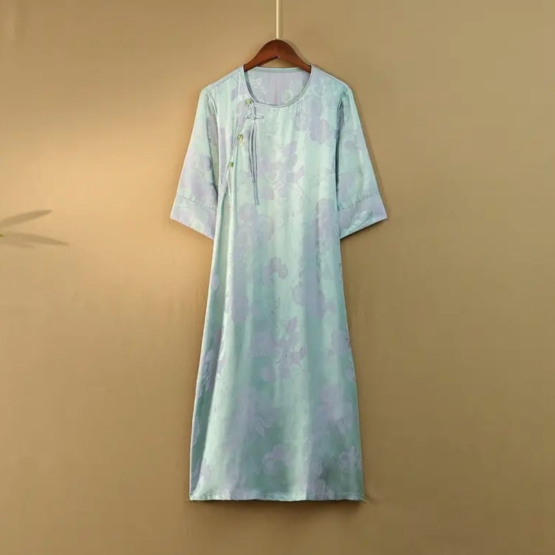 Jacquard Satin New Chinese Style Cheongsam Dress, National Style Mother's Long Dress, Covering Belly and Slimming, Ethnic Style and Elegant Style