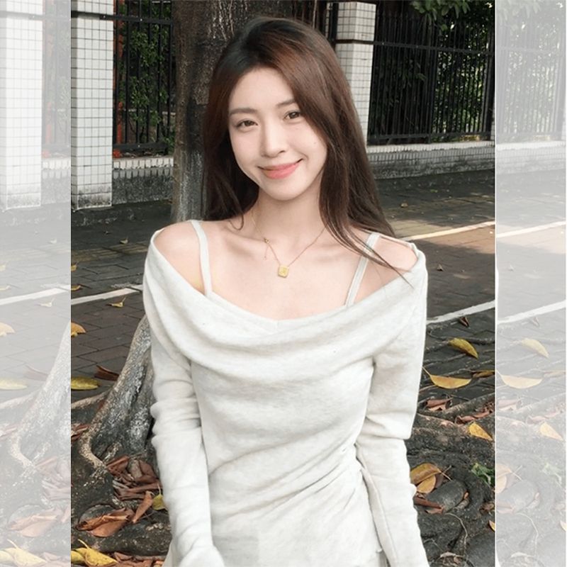 法式荡领假两件长袖针织衫女2025初秋季新款修身露肩早秋chic上衣|undefined