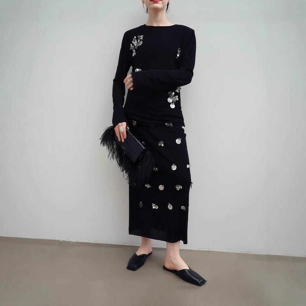 Heavy Beaded Knit T-Shirt Two-Piece Set H-Shaped Elastic Skirt Light Luxury Sequin Top