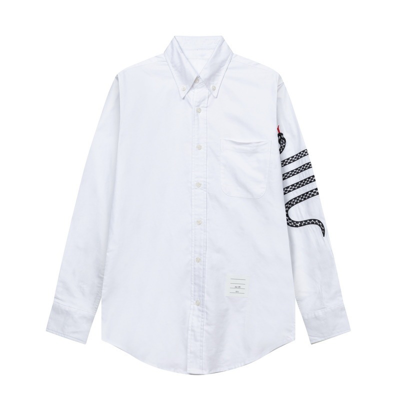 Tb Jl Left Sleeve Snake Pattern Embroidered Long Sleeve White Fashion Trendy Shirt Men and Women Same Style Casual Shirt