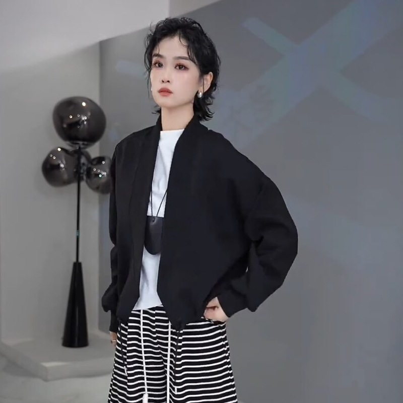 欧货时尚设计感下摆抽绳纯色开衫外套女春秋新款洋气遮肚休闲上衣