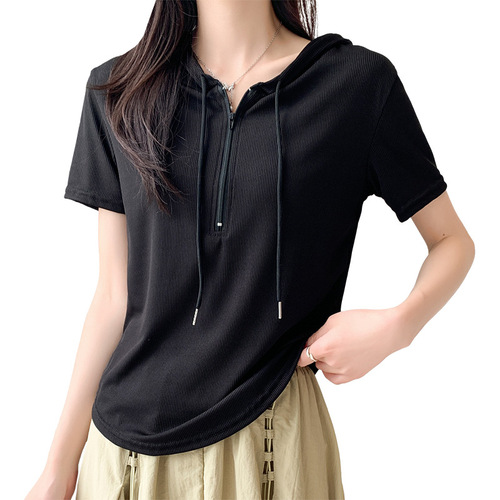 Ice silk hooded zipper short-sleeved T-shirt for women 2024 new Korean style slim short temperament commuter white top