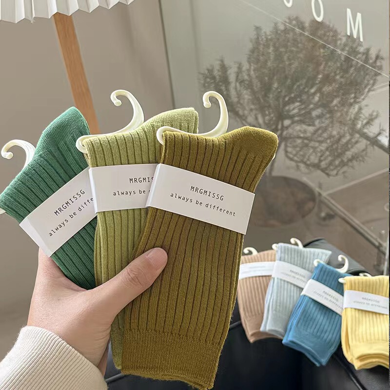 Women's socks Korean-style autumn and winter outer wear mid-calf pure cotton socks sweat-absorbent deodorant summer solid color all-match pile stockings