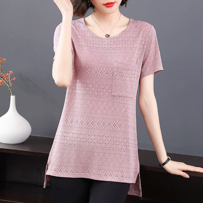 Женская футболка с короткими рукавами, лето 2025, новый стиль, рубашка с вырезом, большой размер, средней длины, свободный топ для похудения, толстый мм