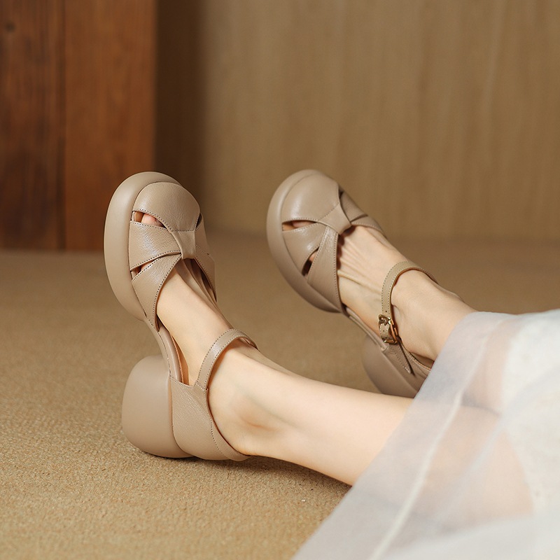 Sandal cao gót nữ quai ngang da cừu mũi nhọn đế dày — Màu be