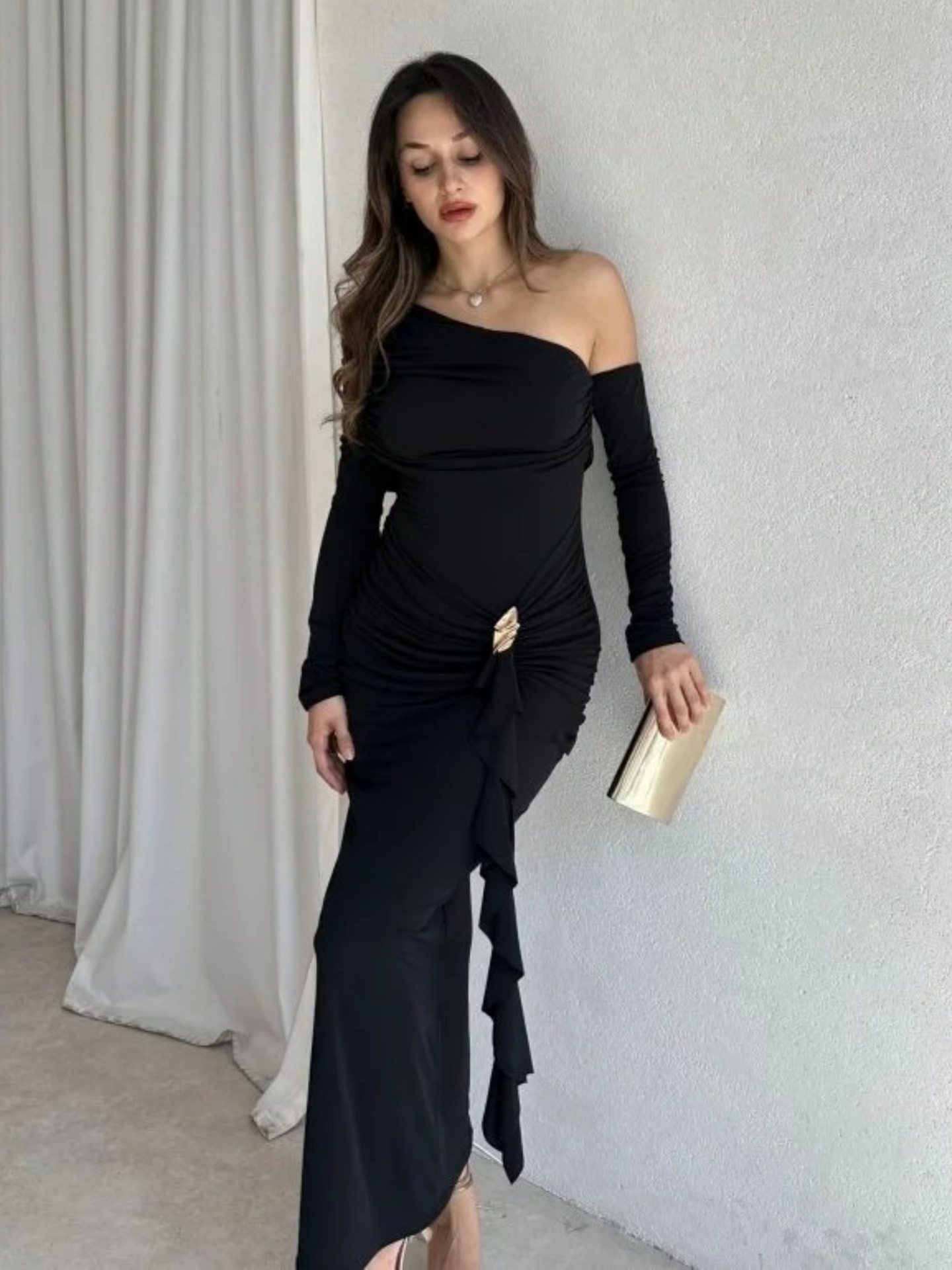 Women Asymmetrical One Shoulder Solid Color Long Sleeve High Waist Bodycon Sexy Hip Wrapped Ruched Party Evening Dress_ecoleips.com