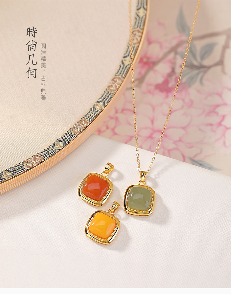 Mặt dây chuyền bạc S925 mạ vàng hình vuông đơn giản phong cách hình học — Mẫu ngọc bích trong (mặt dây chuyền đơn) chi tiết 2