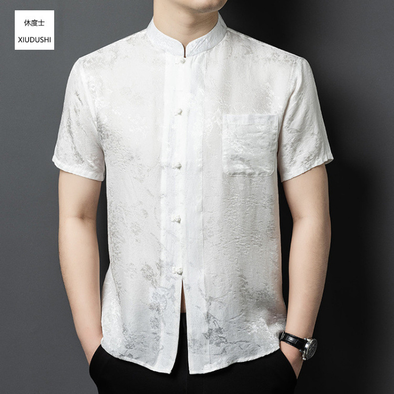 Men's silk Xiangyunsha short-sleeve shirt, new summer style, middle-aged Chinese-style shirt, traditional Tang suit top Men's silk Xiangyunsha short-sleeve shirt, new summer style, middle-aged Chinese-style shirt, traditional Tang suit top