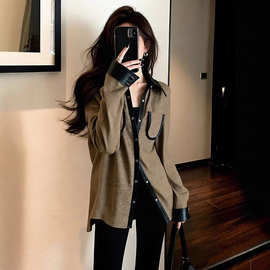 H26001超火法式咖色Polo领衬衫上衣女新款春季独特漂亮宽松通勤衬