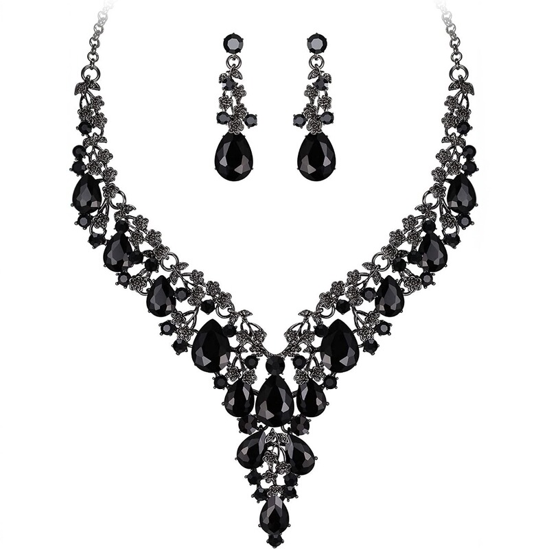 European and American Cross-Border Fashion Water Drop Women's Necklace and Earring Set New V-Shaped Wedding Dress Evening Gown Jewelry