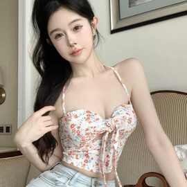 设计感欲甜辣性感短款裹胸美背上衣夏季碎花绑带挂脖吊带背心女