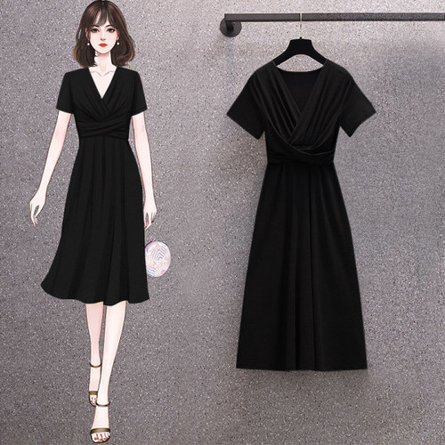 Women's Large Size Summer 2025 Charming Slimming Stylish Pleated Solid Color Simple Medium Length Dress