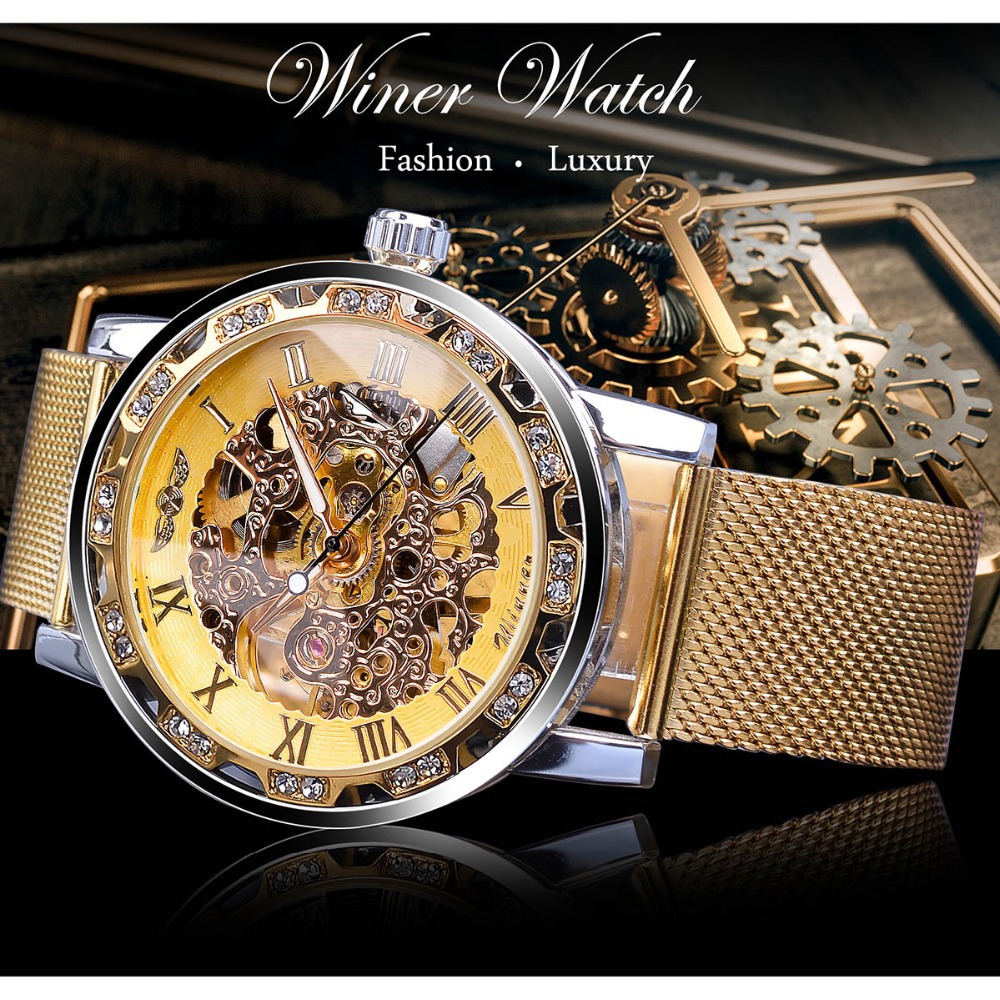 Men's Skeleton Mechanical Watch With Rhinestone Mesh Strap_voghion.com