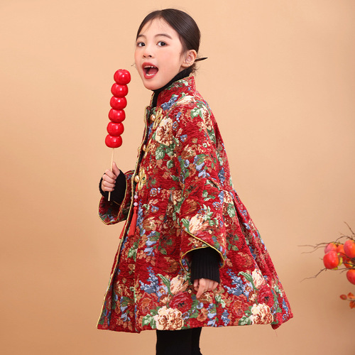 Girls' large flower cotton-padded jacket winter coat  new antique style girls Hanfu New Year's greetings quilted children's Tang suit
