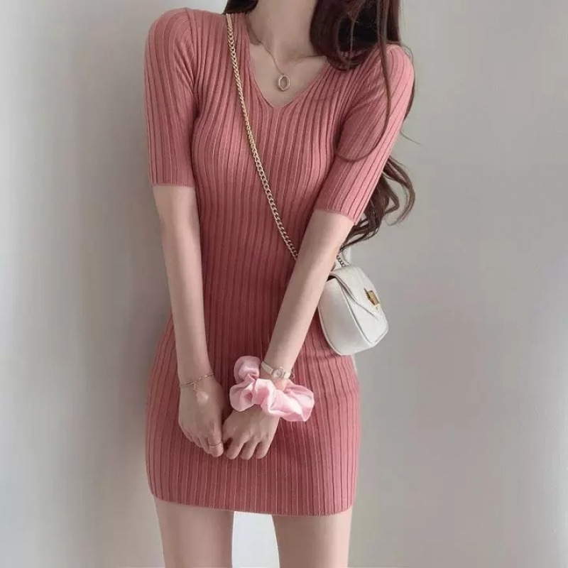 韓国のシックな気質痩身 V ネックスリム夏ヒップカバー小柄な糸秋冬シルクニットドレス女性のための|undefined