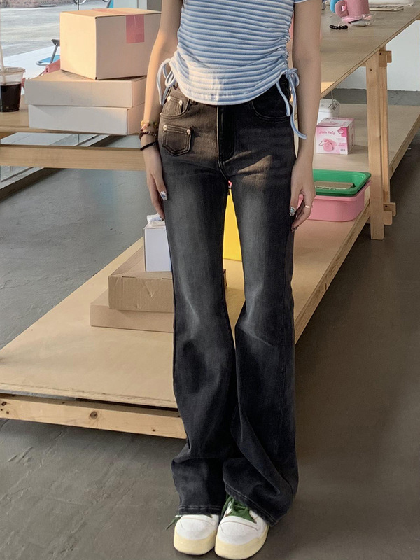 橘子树在哪儿浅色复古蓝弹力柔软牛仔喇叭裤女秋季修身显瘦微喇裤|undefined