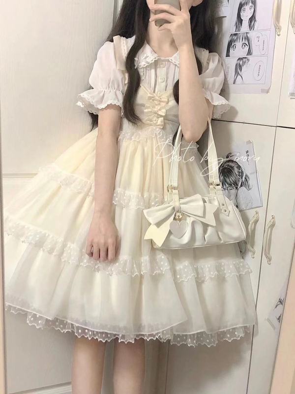 女子学生向けサマースーツ ベビードールカラーシャツ+かわいいリボン白メッシュサスペンダースカート 2点セット/単品|undefined