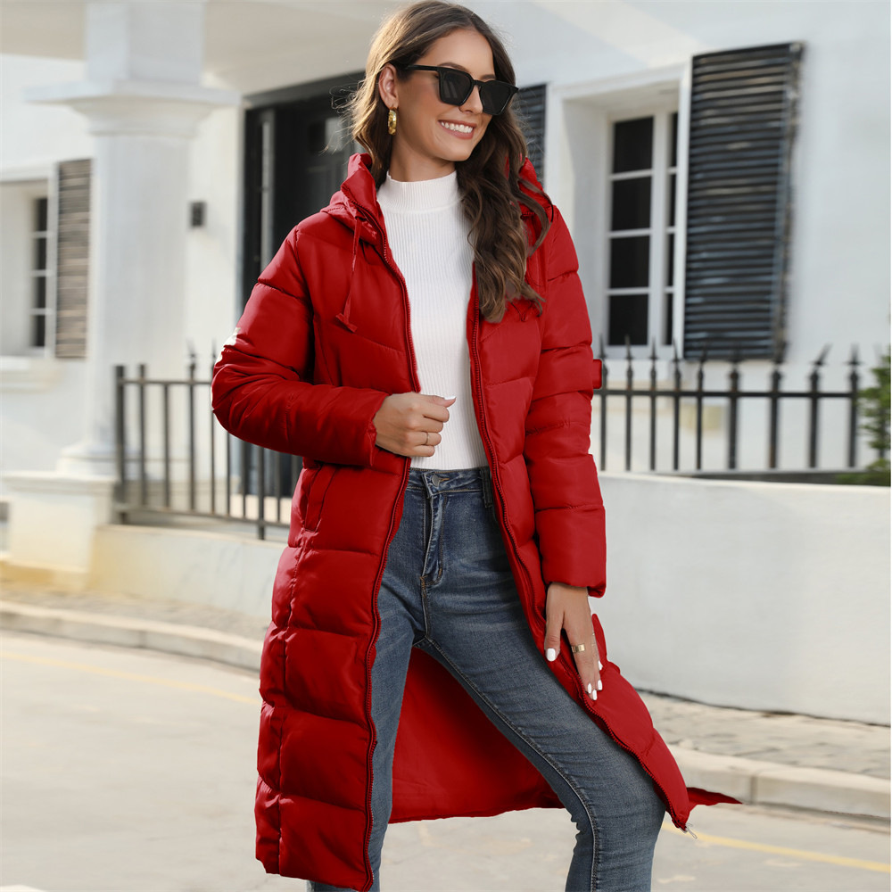 Cappotto invernale con cappuccio da donna in cotone imbottito per il commercio estero transfrontaliero Cappotto da donna in cotone imbottito di media lunghezza e vestibilità attillata Cappotti invernali caldi Cappotto da donna in cotone imbottito_voghion.com