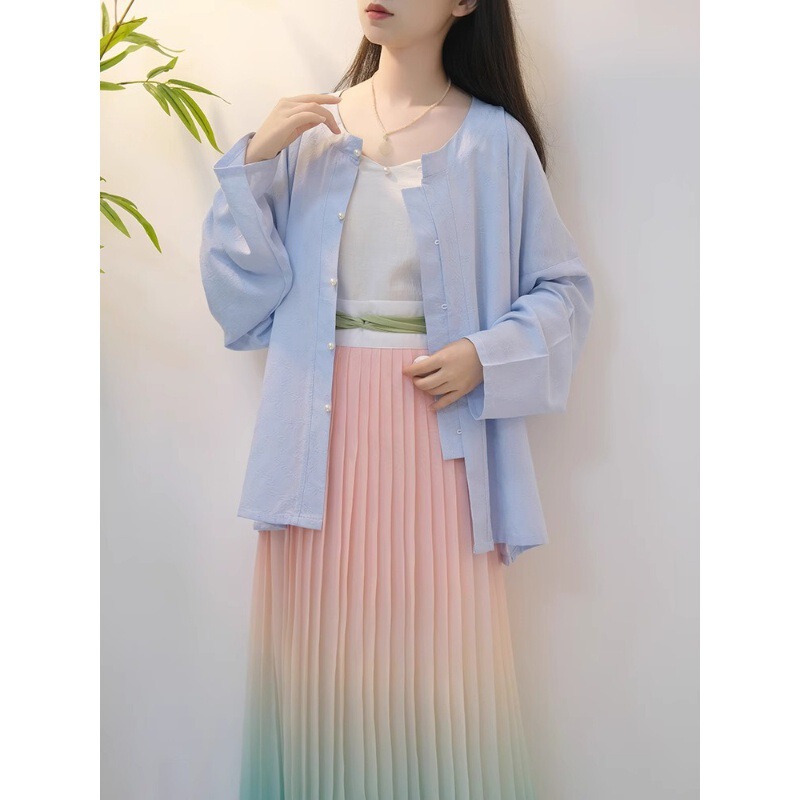 Original Song-made Hanfu Women's Waist-length National Style Spring and Summer Jacquard Turtleneck Shirt Gradient Color-changing Pleated Skirt New Chinese-style suit