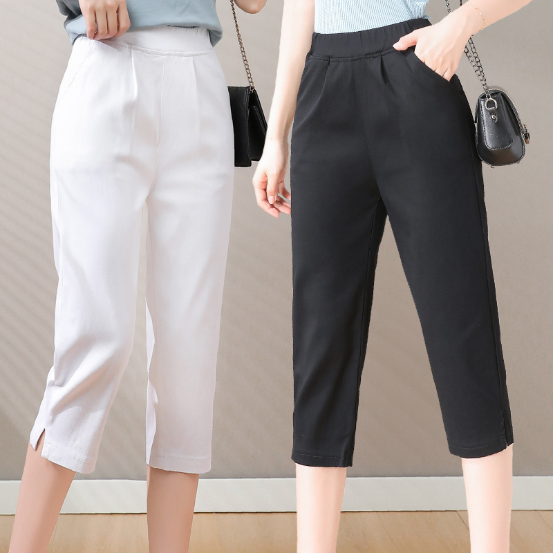 Elastic Waist Stretch Cropped Pants Women's Summer Thin Loose Harlan plus size Wash Cotton Casual Pants