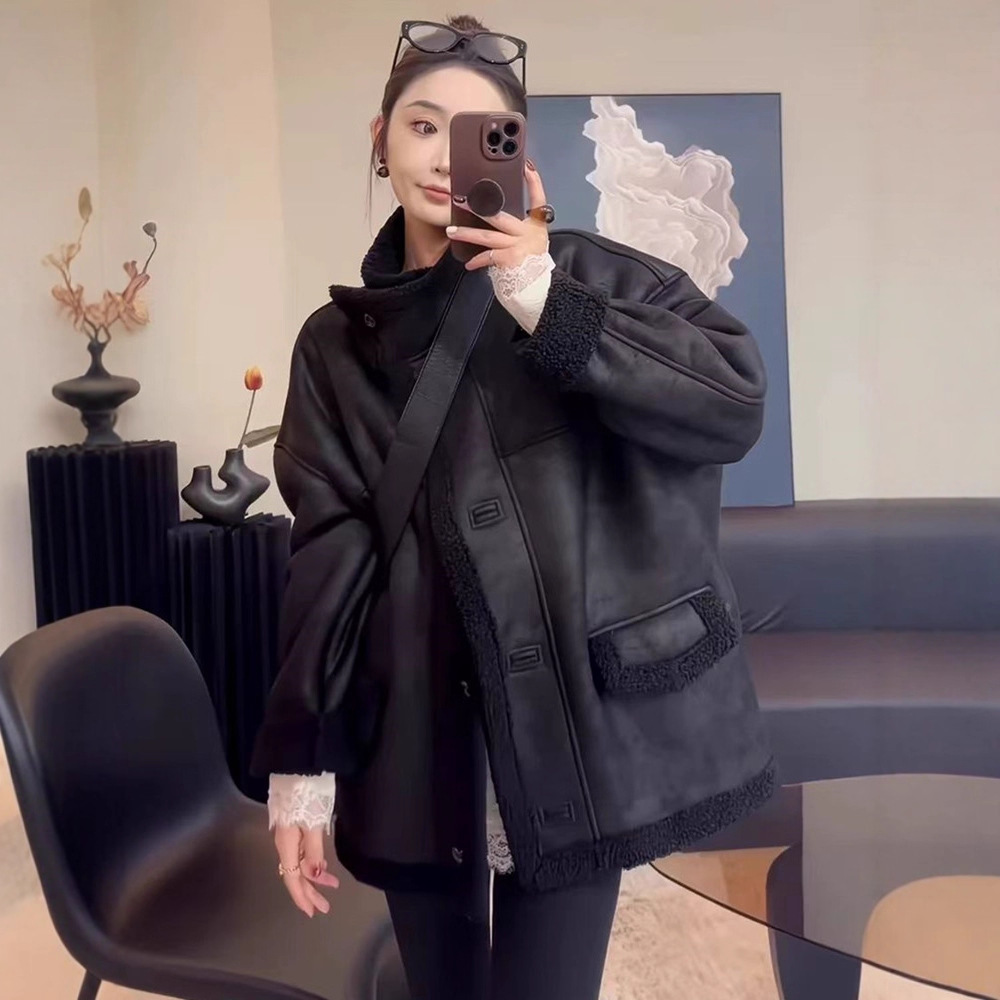 Lamb Wool Suede Fur All-In-One Warm Jacket for Women 2025 Winter New Stand-Up Collar Thickeneded Motorcycle Jacket Top