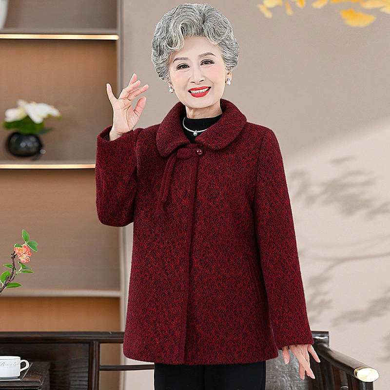 Бабушка осеннее шерстяное пальто 70 лет 80 пожилая одежда 2024 новая мама зимняя толстая шерстяная куртка
