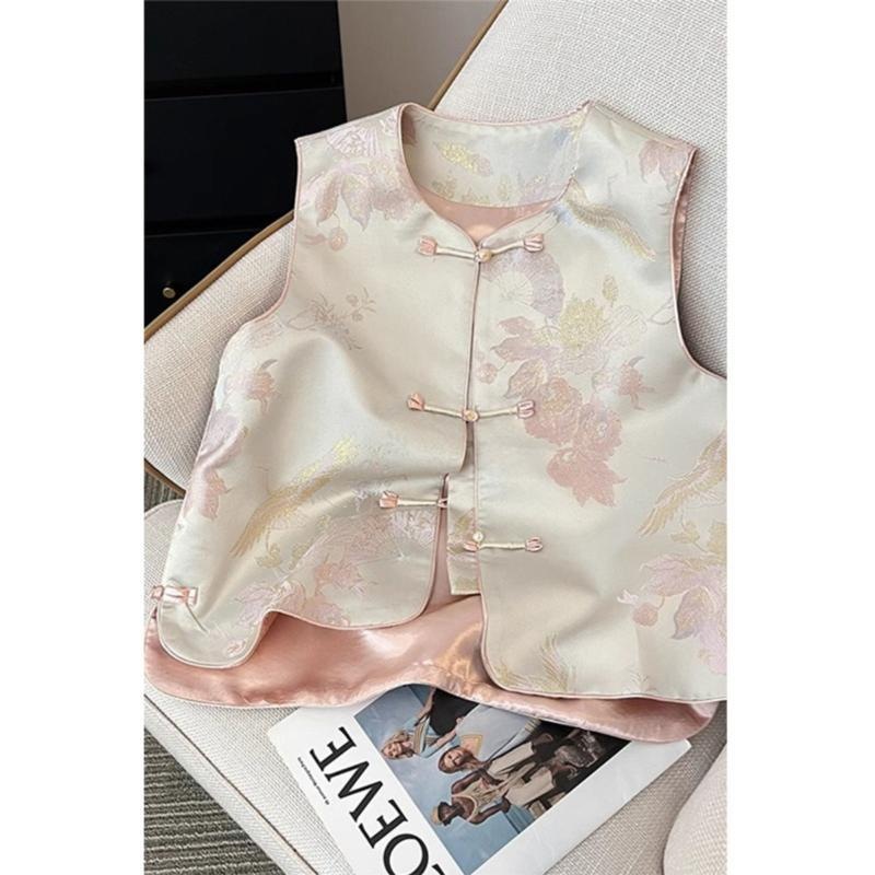 2025 Women's Pink Satin Vest with Cross-Style Design, Autumn Style, Versatile Button-Down Top, New Chinese Elegance