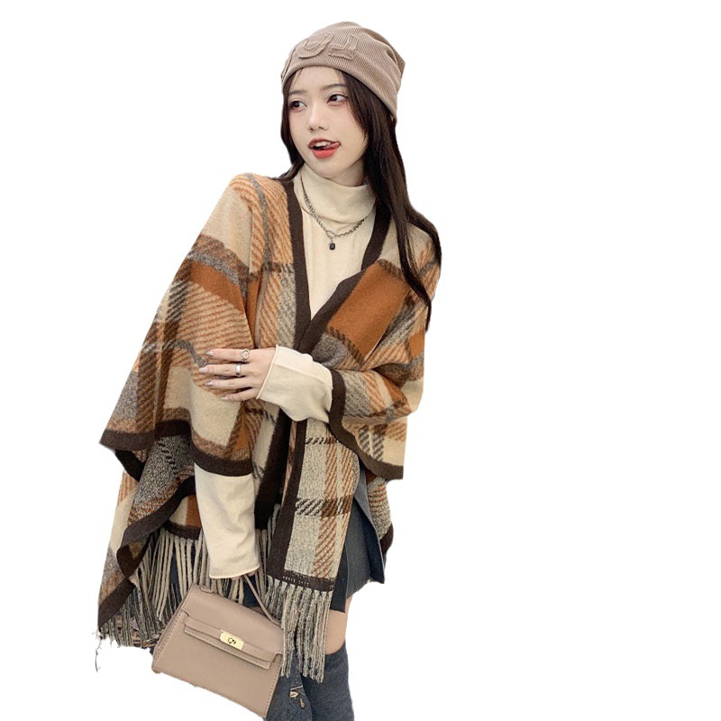 Capa de chal de lana para mujer, cárdigan de cuadros Sue combinable, capa de cuadros, abrigo de lana_voghion.com