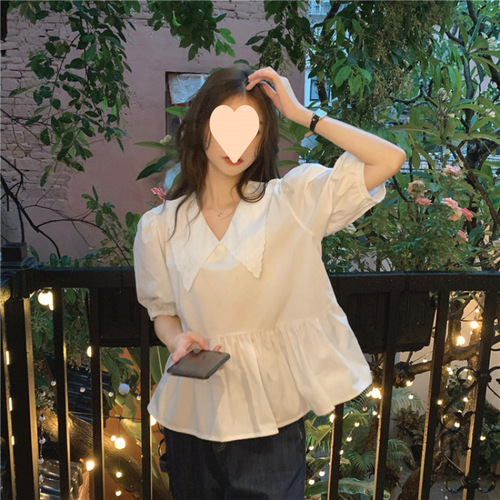 Summer Korean Version 2025 Slimming Fashion Youthful Splicing Black Baby Collar Bubbles Short Sleeve Blouse Top for Women