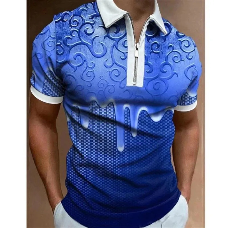 2024 venta caliente personalidad moda impresión 3D hombres verano calle suelta solapa manga corta cremallera camisa POLO